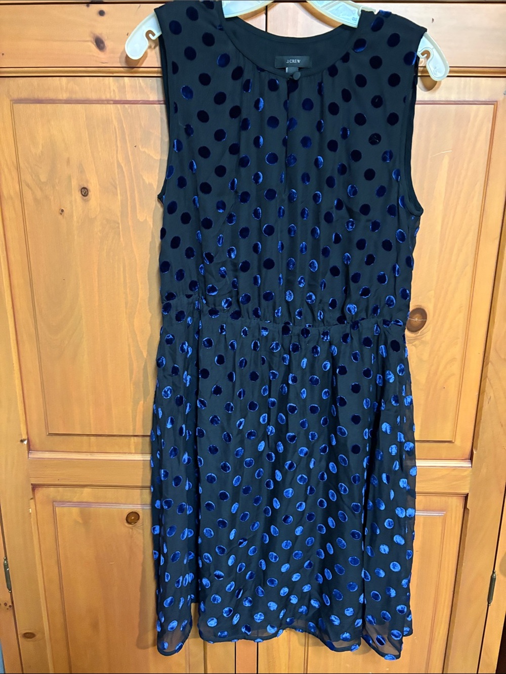 J. Crew Black Midi Dress with Navy Velvet Polka Dots
